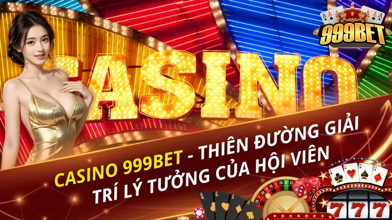 Banner Casino 999BET với chữ Casino, vòng Roulette và các lá bài